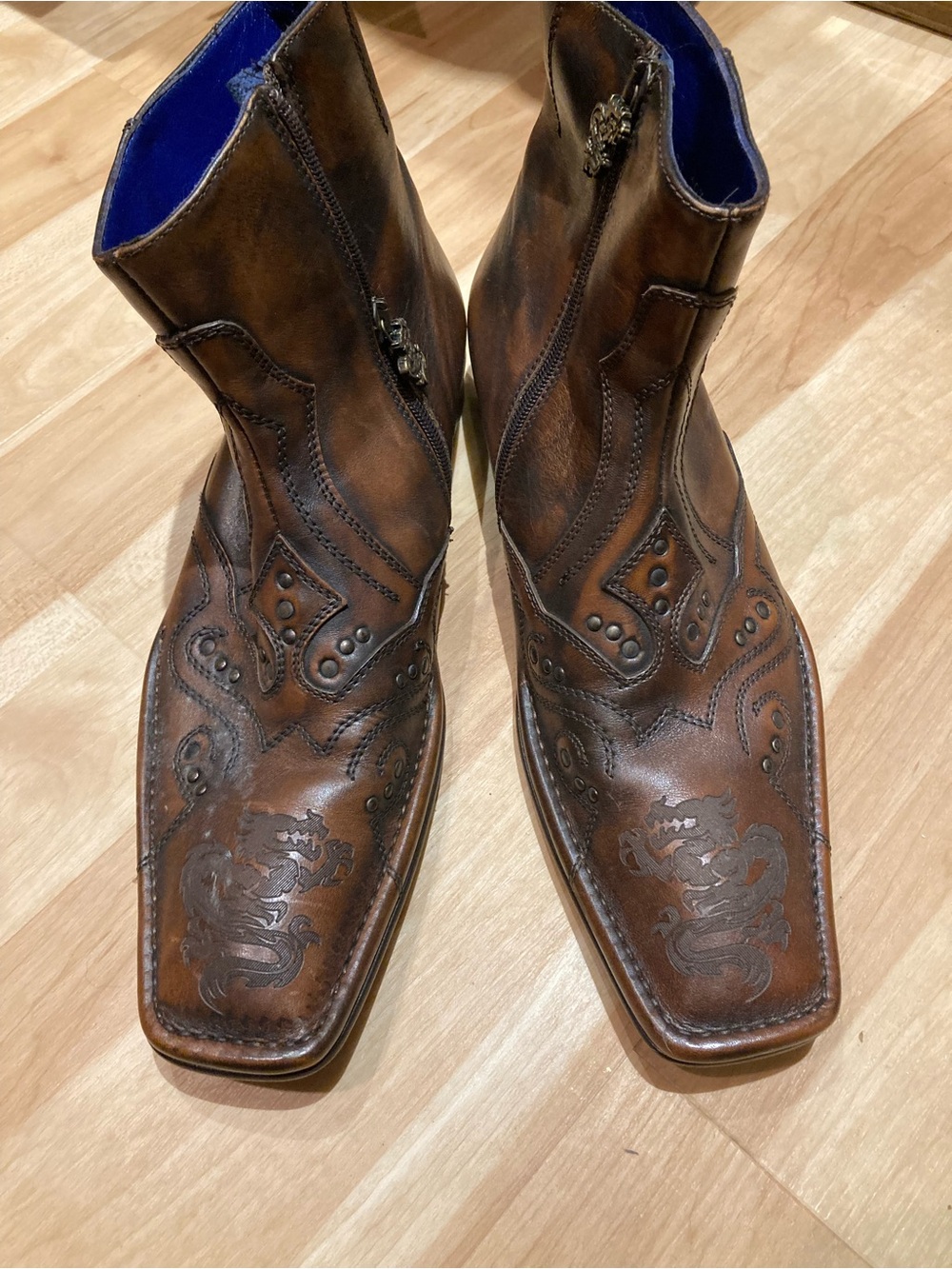Mark Nason Italian Brown Embossed Dragon Leather Western Zip Boots